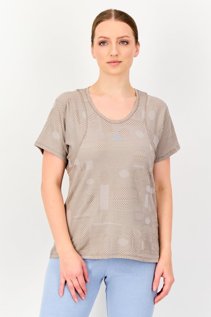 Nike Women Dri Fit Short Sleeve Running T-Shirt, Taupe - Image 1